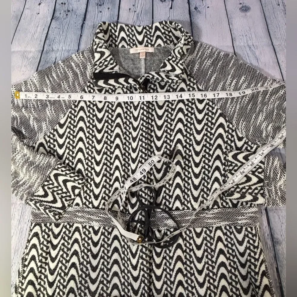 Skies are Blue Black White Boho Geo Zip Front Tie Waist Jacket Cardigan Size S